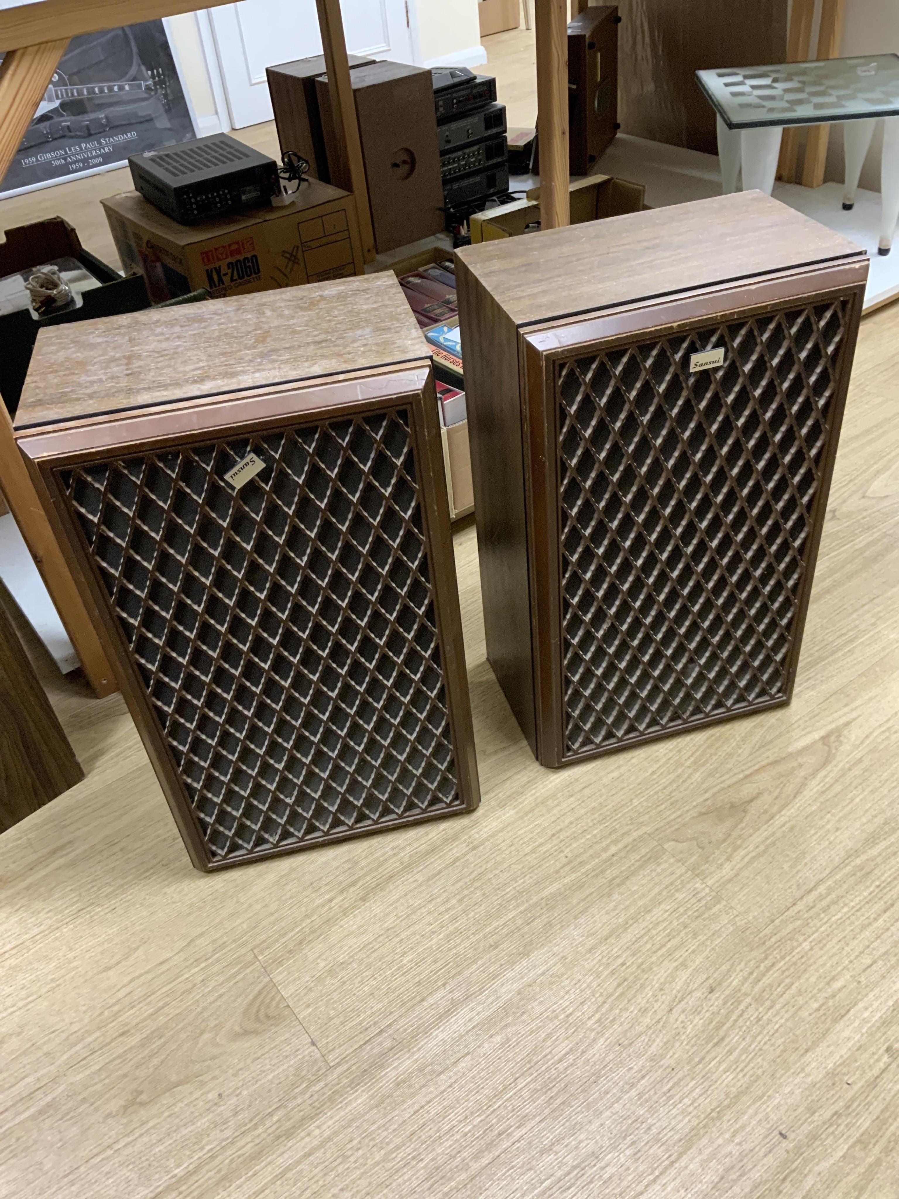 A pair of Kenwood KL-999X floor standing speakers, 68.5cm high, together with a pair of Sansui SP-X6 floor standing speakers, 63cm high